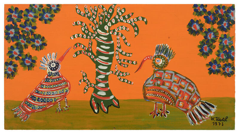 Gemälde, Hintergrund orange, im Vordergrund ein Baum, Blüten und zwei gemusterte Vögel