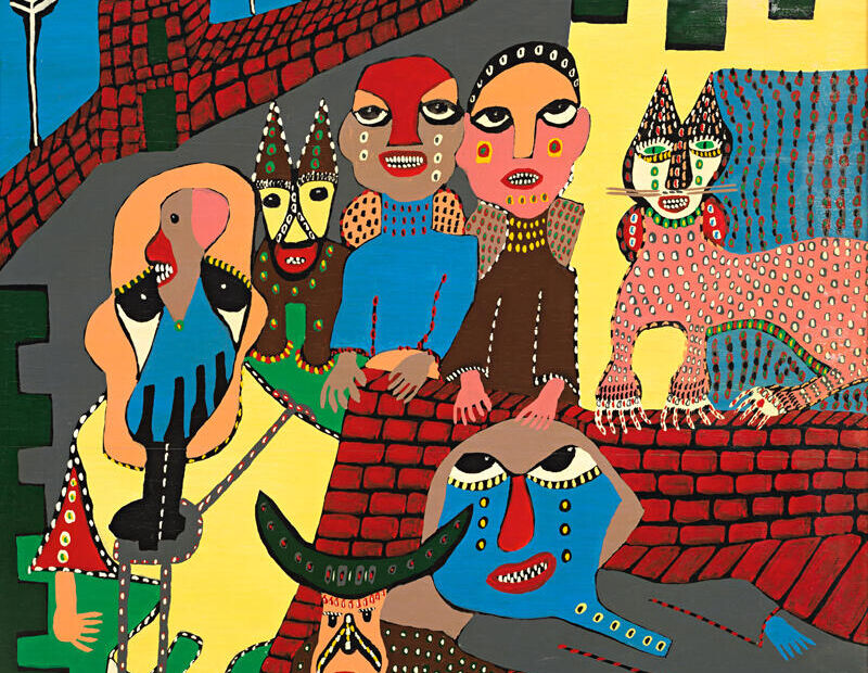 Gemälde, mehrere Personen und Tiere mit Masken, in einer Stadt mit roten Mauersteinen