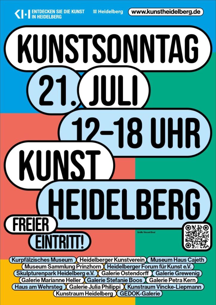 Plakat kündigt den Kunstsonntag in Heidelberg, am 21. Juli 2024, von 12 bis 18 Uhr an. Der Eintritt ist frei.