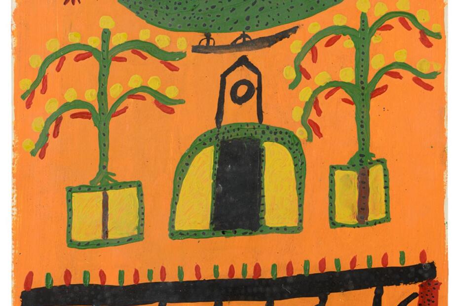 Malerei, Hintergrund in Orange gehalten. Im Vordergrund Bäume, ein Gebäude und ein Drache.