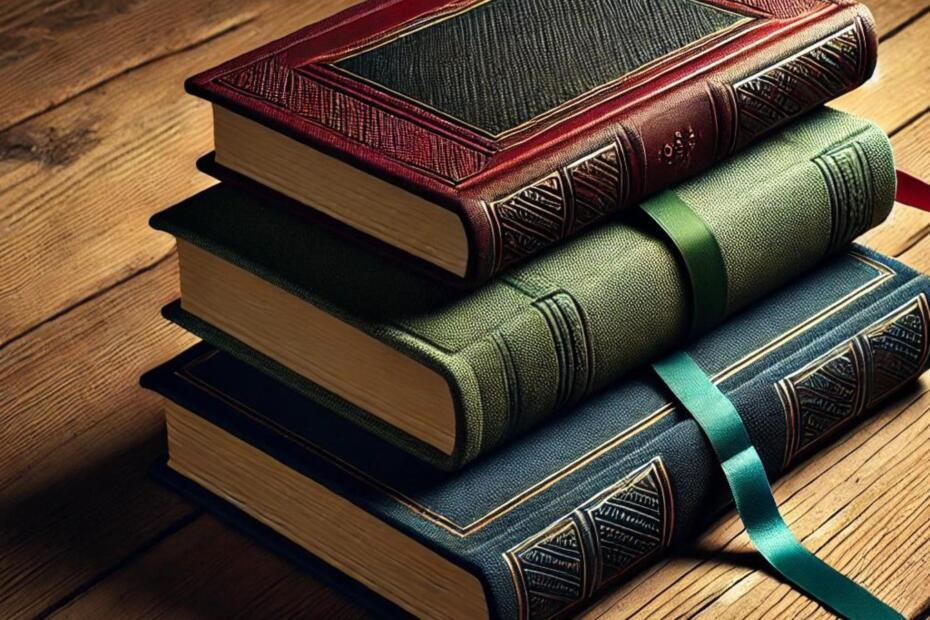 Drei gebundenen Bücher liegen auf einem Holztisch.