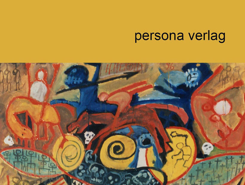 Cover des Buchs "An die Deutschen. Gedichte." von Julietta Pary, Persona Verlag. Schrift auf gelbem Hintergrund. Darunter eine farbenfrohe Zeichnung von Objekten und Abstraktem.