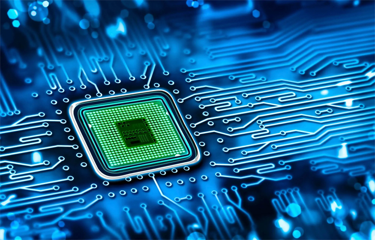 Illuminierte Aufnahme eines Computerchips. Schmuckbild.