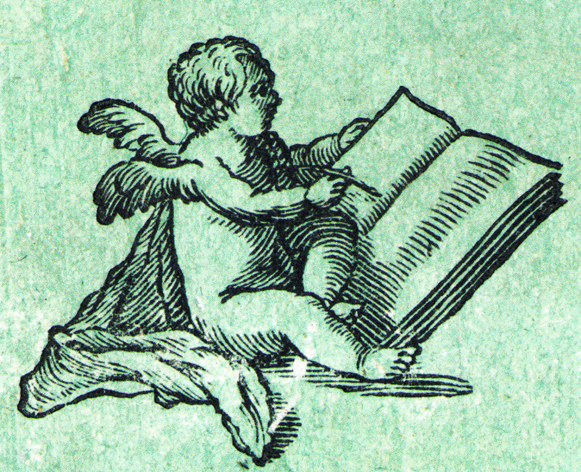 Ein Engel liest in einem Buch.